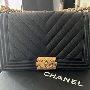 Black Caviar Leather Chevron Boy Bag